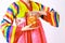 Korean woman wearing hanbok holds a bottle of kimchi