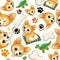 Korgi Pet Puppy Dog Happy and Cute Cartoon Character, bones, Dinoraur Toy, and Paw Prints Vector Seamless Repeat Textile Pattern