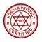 Kosher product round stamp with signs inside. Certified. The sign means also Kosher in Hebrew.