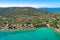 Kosirna beach and turquoise bay on Murter island aerial view