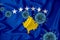 Kosovo flag. Blue viral cells, pandemic influenza virus epidemic infection, coronavirus, infection concept. 3d-rendering