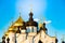 Kostroma, Russia. May 23,2021. Orthodox church with golden domes with crosses. Christian temple