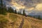 Kostrycha Mount Trail. Carpathians. Ukraine. Colorful autumn sunset in the Carpathian mountains