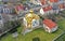 KOSZALIN, POLAND - 06 MARCH 2019 - Aerial view on Greek Catholic Church with gold roof at Niepodleglosci street in Koszalin city