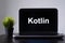 Kotlin programming language. Programming training, the concept of computer courses. Laptop on the table