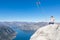 Kotor - Woman with panoramic view from Derinski Vrh of Kotor bay in sunny summer, Adriatic Mediterranean Sea, Montenegro