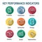 KPI - Key Performance Indicators Icon set with Evaluation, Growth, Strategy, etc