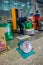 KRABI, THAILAND - FEBRUARY 19, 2018: Close up of scales in front of worker man packaging luggages of tourists with