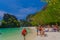 Krabi,Thailand - February 23.2019;Tourists come to relax, sunbathe, admire the beautiful scenery of the limestone islands