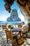 Krabi Thailand January 2020, Restaurant the Grotto on Railay beach with a beautiful backdrop of Ko Rang Nok Island In