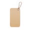 Kraft cardboard label on string, thread. Craft paper carton tag hanging on twine, cord with loop. Blank rectangle brown