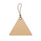 Kraft cardboard triangle label hanging on string. Craft paper tag on twine with loop. Blank carton beige badge on thread