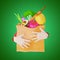 Kraft paper bag with products. The concept of healthy eating. Delivery of vegetables. Vegetarian concept. 3d