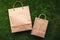 Kraft paper sale bags on green grass. Green friday, sustainable consumption, sustainability, zero waste and sale concept. Copy