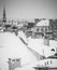 Krakow in Christmas time, aerial view on snowy roofs in central part of city. BW photo. Poland. Europe