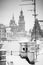 Krakow in Christmas time, aerial view on snowy roofs in central part of city. Wawel Castle and the Cathedral. BW photo. Poland.