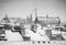 Krakow in Christmas time, aerial view on snowy roofs in central part of city. Wawel Castle and the Cathedral. BW photo. Poland.
