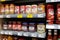 Krakow, Poland, food products, necessities, Zabka store shelves detail shot, group of objects on a shelf, price tags closeup