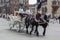 KRAKOW, POLAND - MAY 13, 2023: Tourist coachmen. Carriages with horses