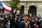 Krakow, Poland - October 25, 2020: Polish people gathered together wearing mask during pandemic in order to protest against a