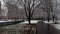 Krakow, Poland: Wide angle pan shot of a path in a park during snow fall in winter season. First snowfall of winter