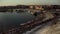 Krakow  South Poland: Aerial drone tilt up shot of vistula river and people taking a walk over weekend and