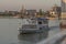 Krasnodar, Russia, May 5, 2019. Kuban river in the evening in Krasnodar, Pier and river tram on the water. View of the waterfront