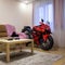 KRASNOYARSK, RUSSIA - October 9, 2020: Red and black sportbike Honda CBR 600 RR 2005 PC37 in house. The motorcycle in the