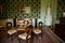 Krasny Dvur Chateau, North Bohemia, Czech Republic, 19 June 2021: Castle interior, Biedermeier furniture in living room table with