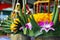 Krathong ,hand crafted floating basket by banana leaf,decorated with flowers and incense sticks, candle,