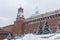 Kremlin`s Senate Tower and the snow-covered dome of the Senate Palace