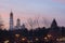 Kremlin tower and Ivan the Great bell tower after sunset. Fragment of architectural ensemble of the Moscow Kremlin