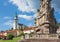 Kremnica - The Safarikovo square and detail of the baroque Holy Trinity column