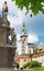 Kremnica - The Safarikovo square and detail of the baroque Holy Trinity column by Dionyz Ignac Stanetti