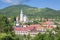 Kremnica - The Safarikovo square with fountain, castle and St. Catherine church