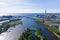 Krestovsky and Elagin island. Bridges, yachts, ships. Central park. Urban landscape. Top view aerial drone