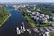 Krestovsky island. Bridges, yachts, ships. Central park. Urban landscape. Top view aerial drone