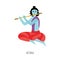 Krishna indian lord cartoon character playing flute, flat vector illustration.