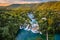 Krka, Croatia - Aerial panoramic view of the beautiful Krka Waterfalls in Krka National Park on a sunny summer morning