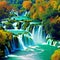 Krka National Park in Croatia. Beautiful colorful painting as in the photo. Cascade of waterfalls. Abstraction. AI