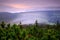 Krkonose mountain, forest in the wind, misty landscape, with fog and clouds, mountain pine,