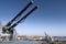 Kronstadt, Russia, October 2018. Tower warship with twin guns against a blue sky.