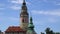 Krumlov. Architecture of a medieval city with a church tower. Panorama of the Czech city Cesky Krumlov. Historical