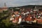 Krummau Castle over tiled roofs in Cesky Krumlov, Czech Republic