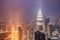 Kuala Lumpur, Malaysia, October 1, 2018: Incredible view of the Petronas towers at dusk. View from the Menara Tower