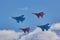 KUBINKA, MOSCOW REGION, RUSSIA Aerobatic team `Swifts` and `Russian knights` aircraft SU-30 and MiG-29`