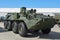 KUBINKA, RUSSIA, AUG.24, 2018: Green wheel tank of RPM-2 type radiative reconnaissance vehicle on BTR-80 armored fighting vehicle