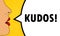 Kudos. Female mouth with red lipstick screaming. Speech bubble with text Kudos. Retro comic style. Can be used for business,