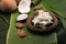 Kue Putu, Indonesian Traditional Cake Made from RIce Flour, Palm SUgar, Pandan Leaf, and Shredded Coconut