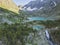 Kuiguk valley. Lake and waterfall. Altai mountains landscape